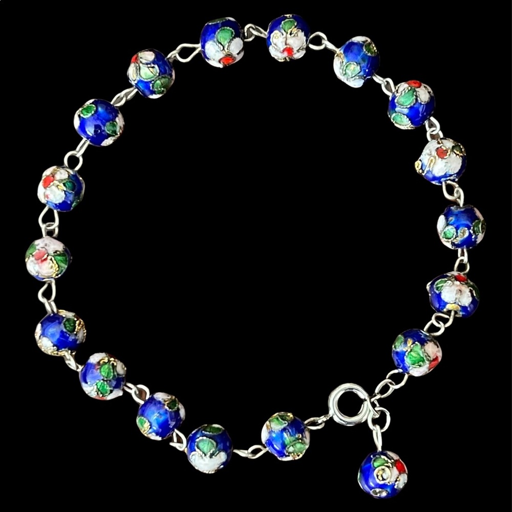 Vintage cloisonné bead silver tone bracelet - Picture 1 of 5